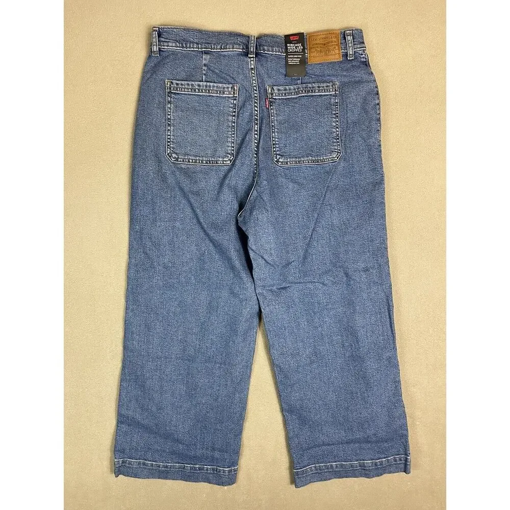 Levis Jeans Womens 32 Blue Premium‎ Ribcage Wide Leg Crop Denim Adult NWT